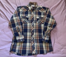 Vintage 60s H Bar C Pearl Snap Shirt Mens 16 1/4 34 Brown Blue Plaid Wool USA
