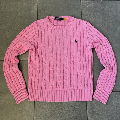 Polo Ralph Lauren Damen Strickpullover Rosa Zopf, Rundhals, Logo, S, Baumwolle