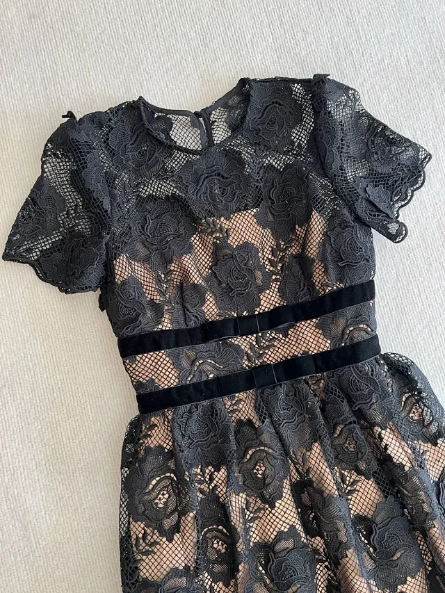 self portrait black lace velvet bow midi dress Self-Portrait Lace Velvet Bow Midi Dress