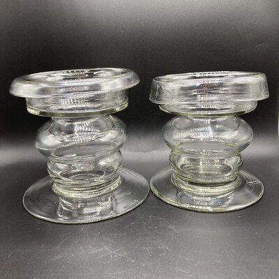 Pair Blown Glass Clear Pillar Candle Holders Bubble Open Fillable Large Heavy