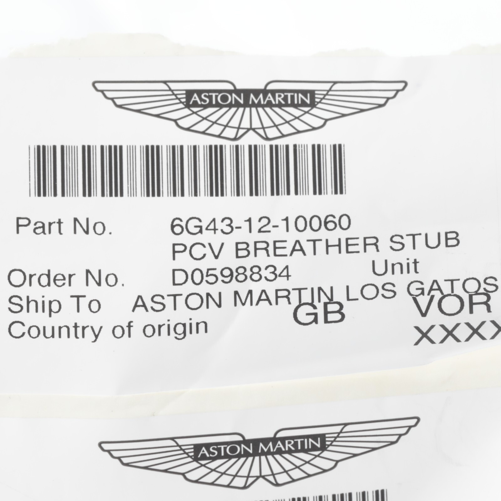 GENUINE ASTON MARTIN PCV BREATHER STUB PIPE OEM NEW 6G43-12-10060