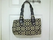 Coach 11863  Signature Jacquard and Leather Handbag Satchel  Black And Beige.
