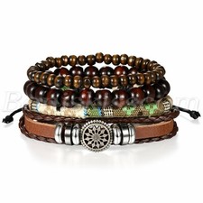 4pcs Set Mens Womens Tribal Sun flower Leather Beaded leather Bracelet Wristband