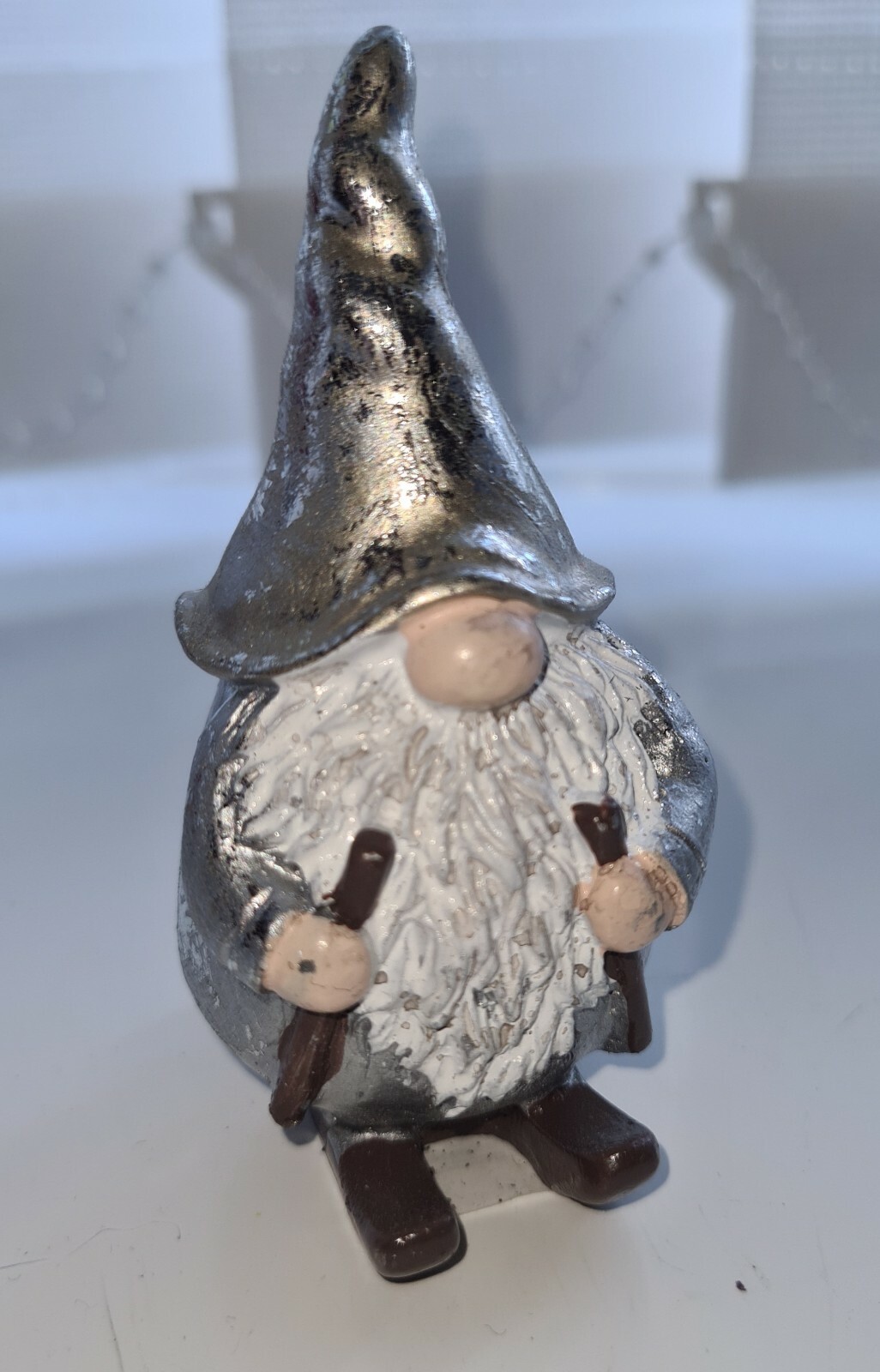 Christmas Gnome Gonk Decoration on ski's Skiing Xmas ornament 8cm Silver colour