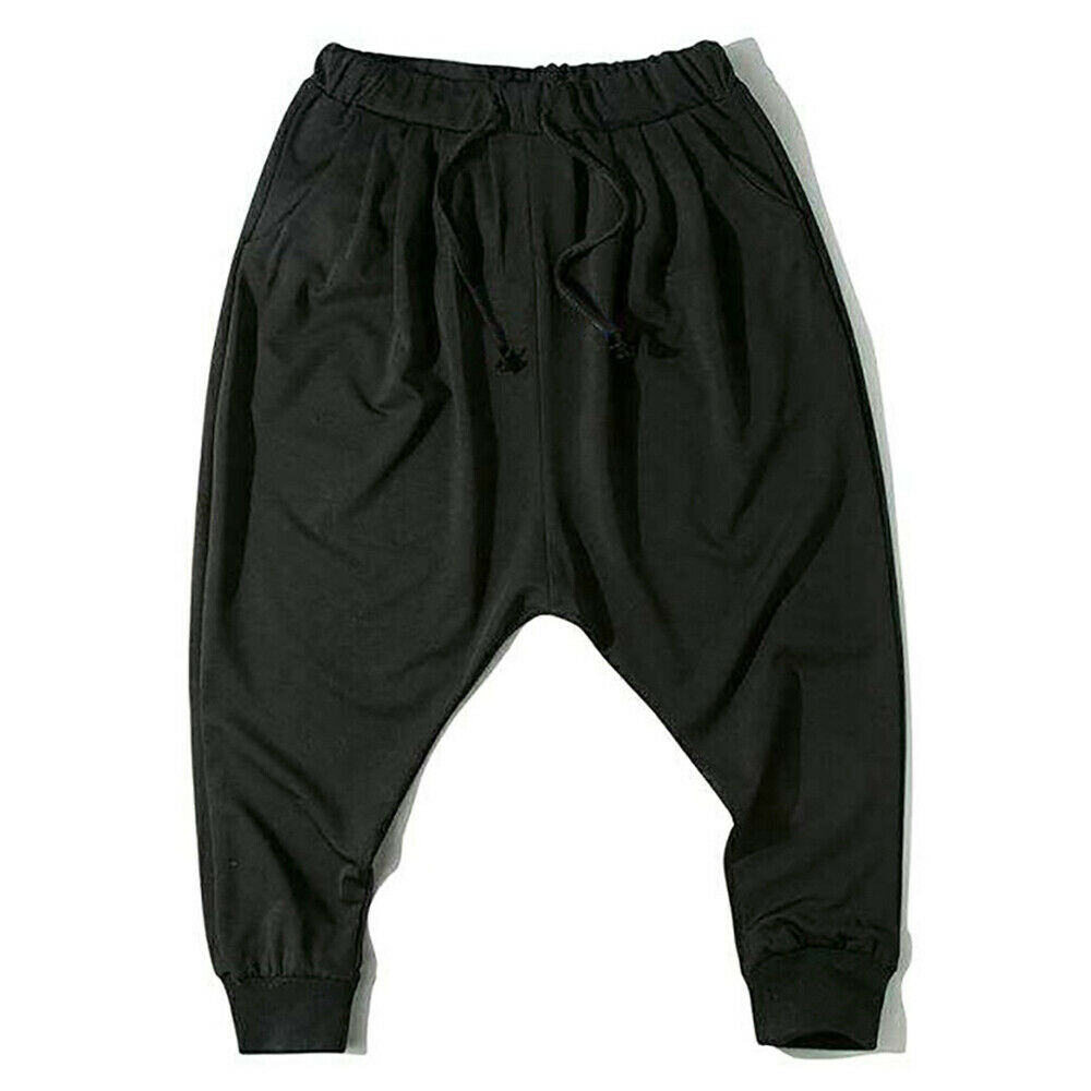 Men's Harem Capri Pants - Drop Crotch, Elastic Waist With Drawstring, Lightweight Cotton Cropped Trousers