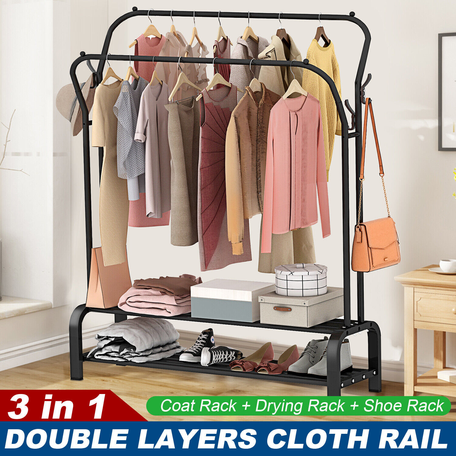 2 Bars Heavy Duty Clothing Garment Rack Clothes Organizer Double Rails Hanging