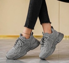 Women’s Chunky Platform Trainers Lace Up Casual Sneakers Walking Shoes Grey