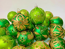 Handmade Glass Christmas Ornaments Set of 20 Green Gold Holiday Decor