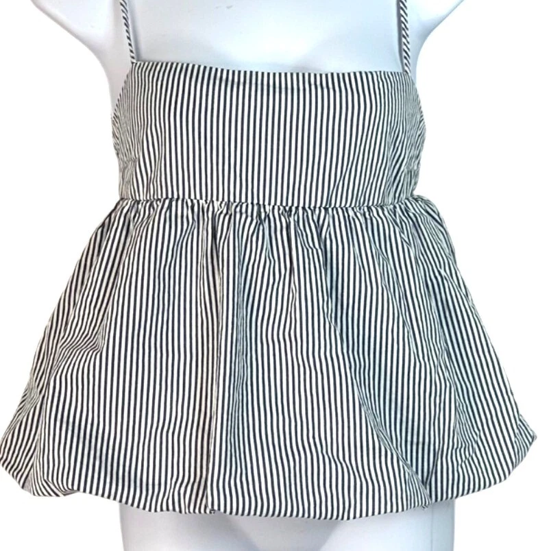 Camiseta sin mangas Derek Heart blanca azul marino a rayas popelina burbuja babydoll peplum talla M Foto 3 de 4