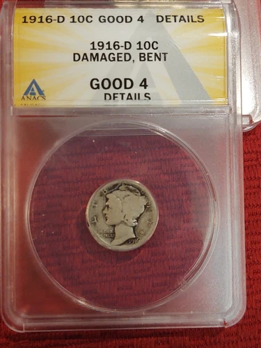 1916-D 10C Mercury Silver Dime ANACS Good-4 Details Bent KEY DATE