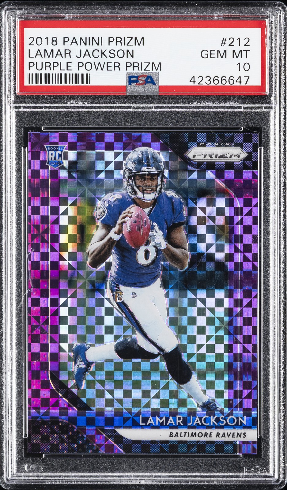 2018 PANINI PRIZM PURPLE POWER PRIZM #212 LAMAR JACKSON ROOKIE RC #/49 PSA 10