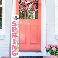 Hello Spring Porch Sign Wooden Welcome Sign Vertical Spring Hanging Signs Tulip