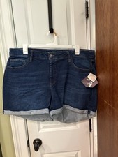 Ava  Viv Womens Rolled Cuff 4" High Rise Midi Stretch Jean Shorts Dark Wash 20W