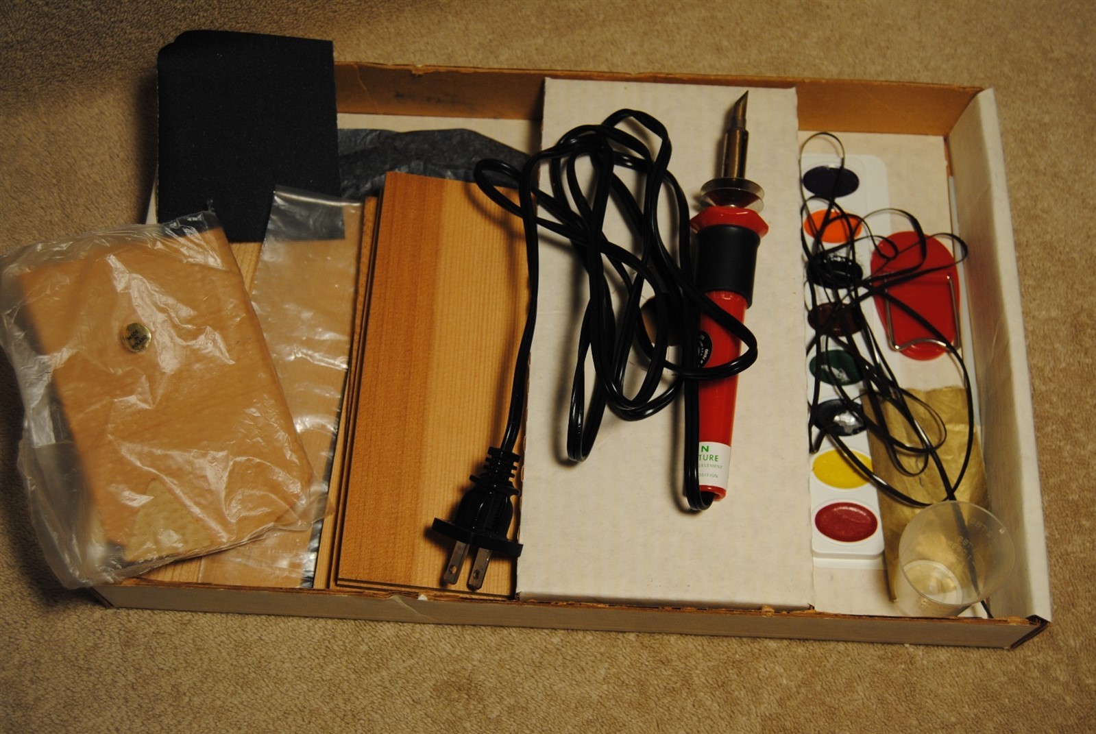 Vintage NSI Woodburning Kit No. 7733 With Wood and Leather Projects
