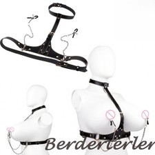 Black Harness Leather Bra with Nipple Clamp Nipples Pleasure Adjustable Chest