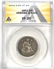1853 Arrows & Rays Seated Liberty Quarter : ANACS VF20