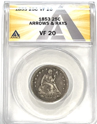 1853 Arrows & Rays Seated Liberty Quarter : ANACS VF20