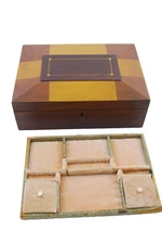 Antique Wood Marquetry Inlay Jewelry Box Velvet & Paper Lining MOP Knobs