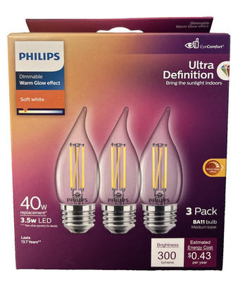 Philips Ultra Definition 40W Candelabra Base Filament Candle Bulb BA11 3 Bulbs