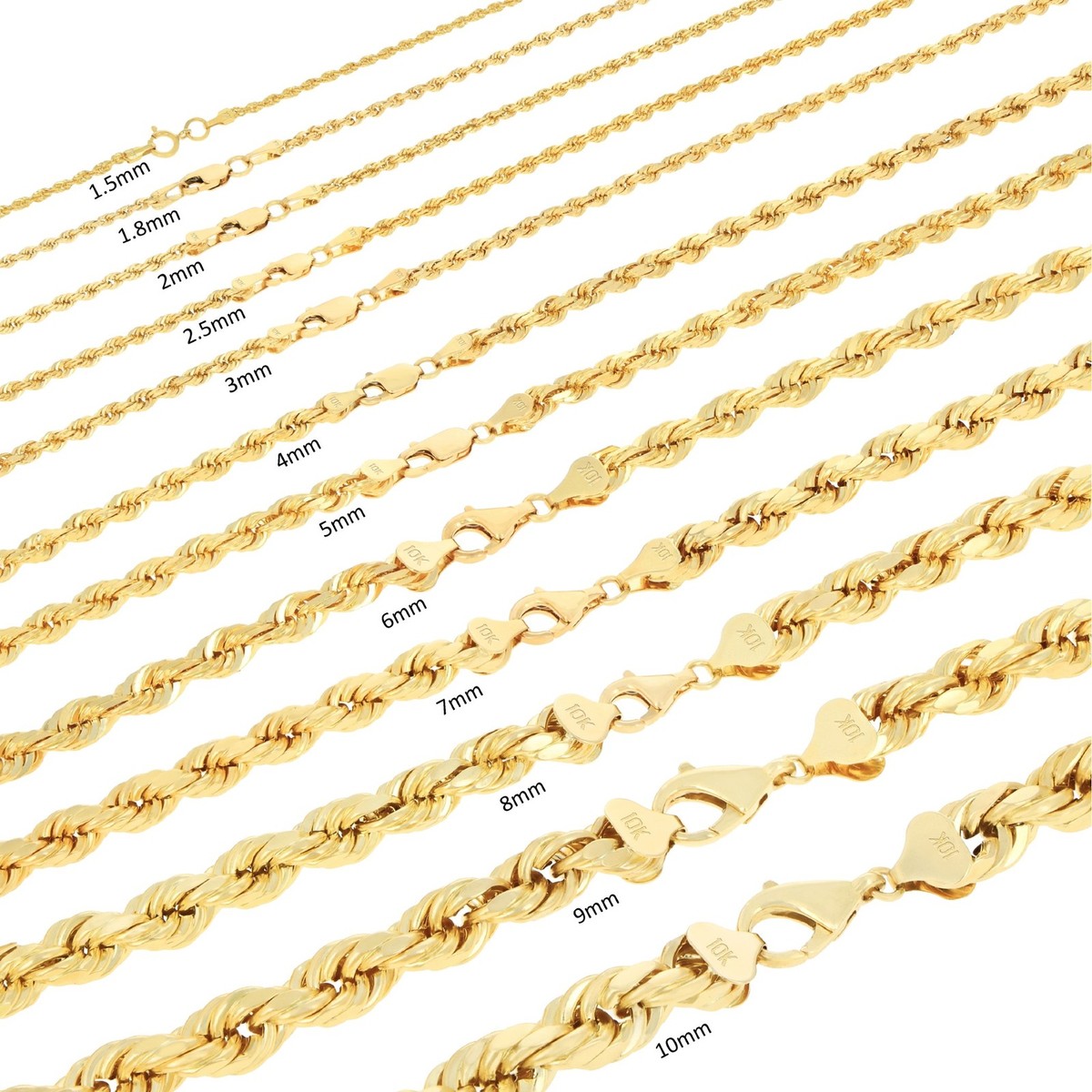 10K Yellow Gold 2mm-7mm Diamond Ct Rope Chain Necklace Bracelet