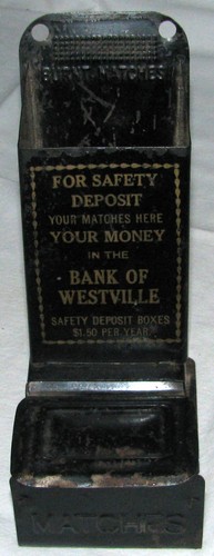 Vintage Match Box Holder Tin Metal Wall Mount Burnt Matches Bank of Westville⭐