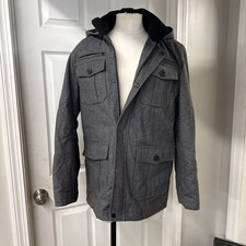 Guess Wool Coat Mens Vintage Hooded Gray Vented Pockets Quilted Lining Zip Snaps