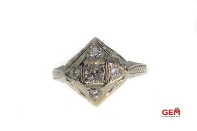 Antiker 20er Jahre 5 Diamanten Dinner Ring 18K 750 Weißgold Ringgröße 9