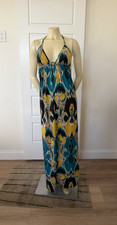 Y2K Maxi Halter Dress Womens Small Brown Yellow Wood Accent Boho Hippie 70s