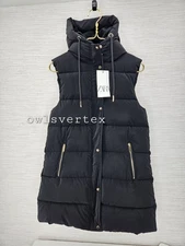 SZ S M ZARA LONG HOOD PUFFER VEST BLACK WITH GOLD ZIPPERS 3046 230