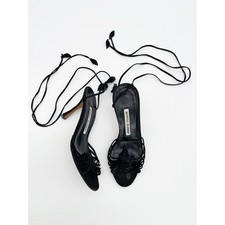 Manolo Blahnik 90s Vintage Black Suede Rosette Lace Up Heels Sandals IT 35