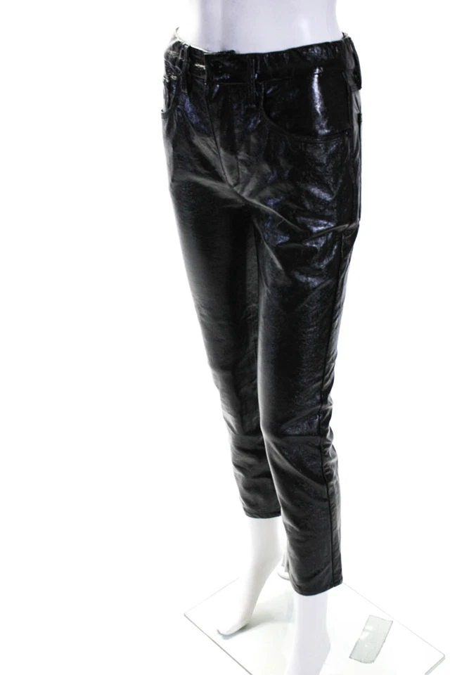 Good American Womens Faux Leather Zip Button Skinny Leg Shiny Pants Black Size 4 - Image 2 of 4