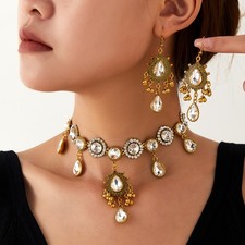 Christmas Jewelry Gift for Women Bohemian Ethnic Choker Necklace Earring 2Pc Set