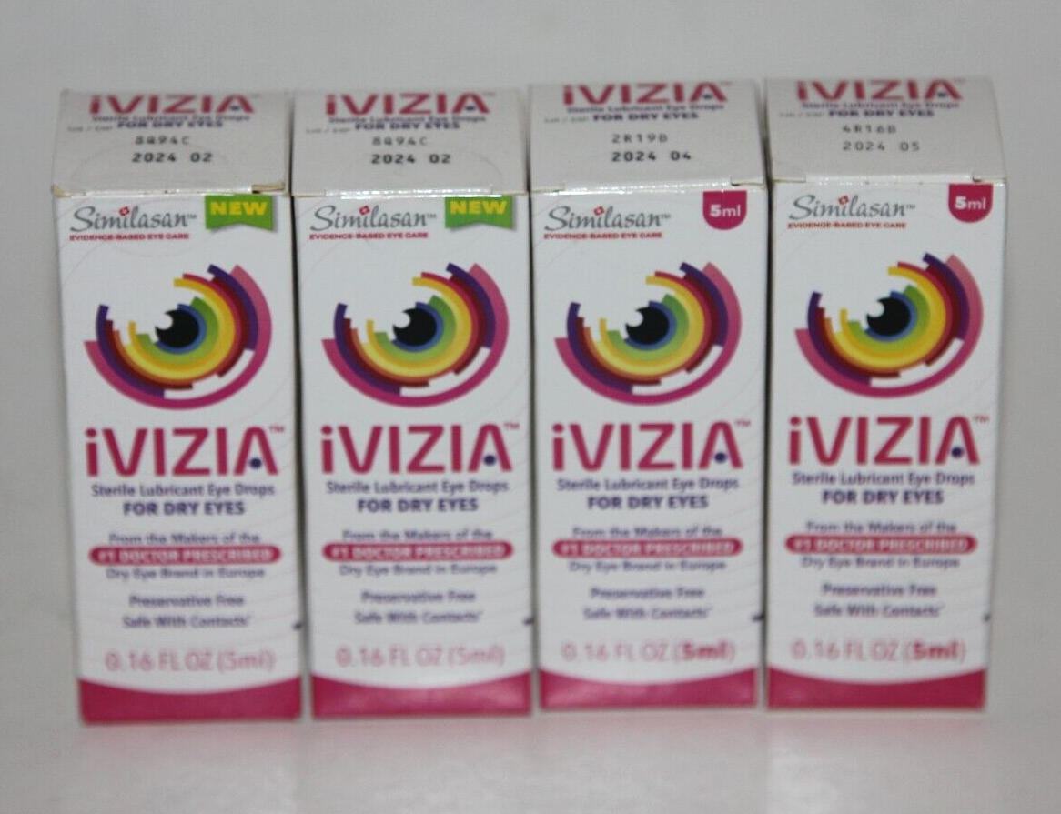 LOT (4) IVIZIA EYE DROPS STERILE LUBRICANT FOR DRY EYES 0.16 FL OZ 2/