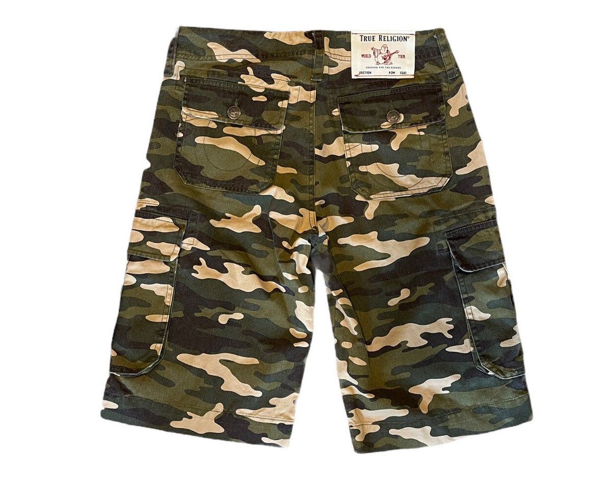 True Religion Mens Camo Cargo Shorts 28 Green #104821A Brand NEW