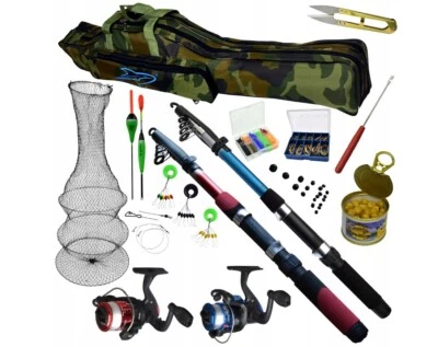 Super Angelset Komplettset 240cm 2x Spinning 2x Rolle Zubehör Fischnetz Variant