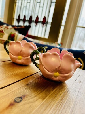 Dogwood Creamer & Sugar Flower Shape Vintage Set Pink & Green