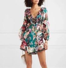 NWT. ZIMMERMANN Allia Ruffled Floral-print Linen Mini Dress AU0 / US4