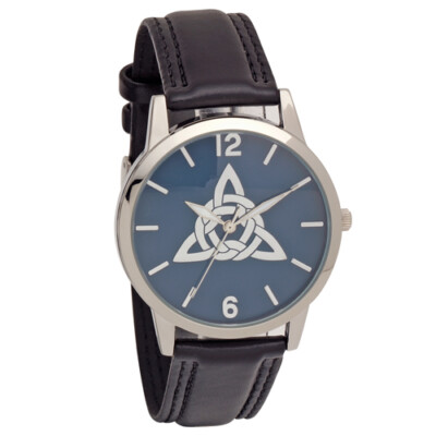 Celtic Knot Embossed Dial Wrist Watch Black PU Leather Strap Irish Theme