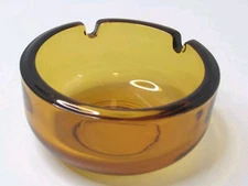 Vintage MCM Brown Yellow Amber Thick Glass Round Ashtray 2 Slot #TT-31