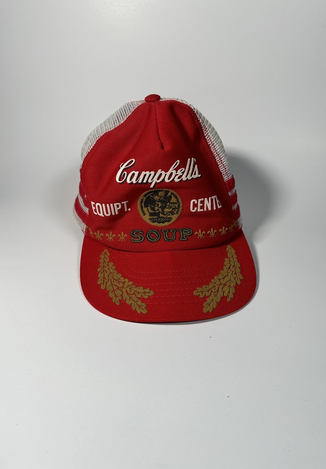 Vintage Campbells Soup 3 Stripe Mesh Trucker Hat Cap Made USA Distressed RARE