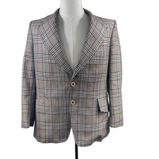 VTG 70s Curlee Brown Plaid Men 42R Polyester Blazer Rockabilly Leisure Disco