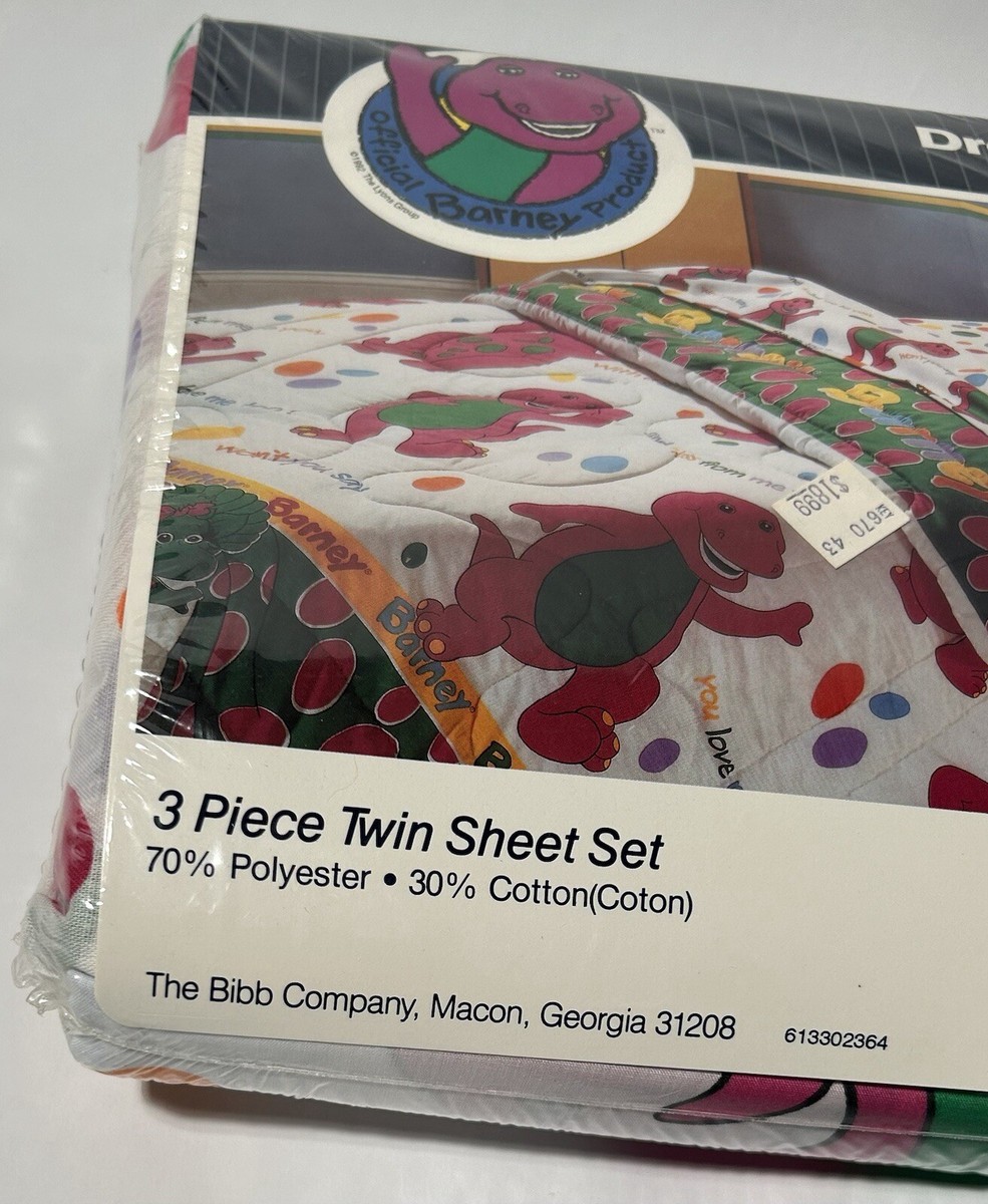 Barney and Friends 3 Pc Twin Child's Bed Sheet Set Pillowcase Rare