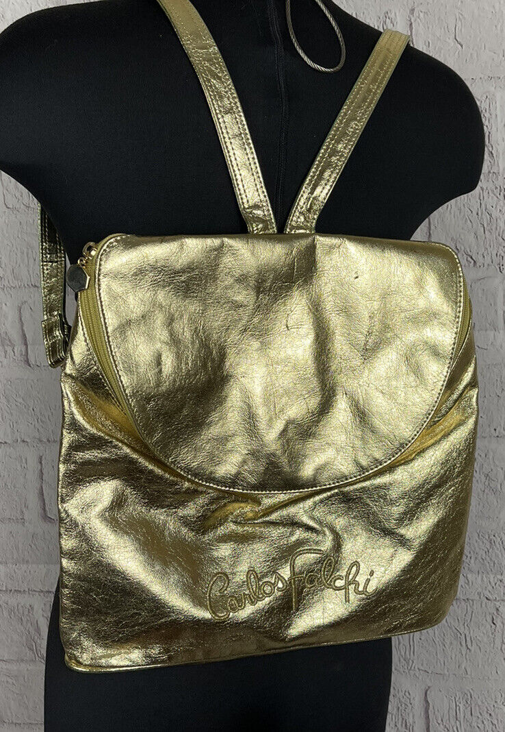 Carlos Falchi Backpack Gold Metallic Foil Spell O… - image 1
