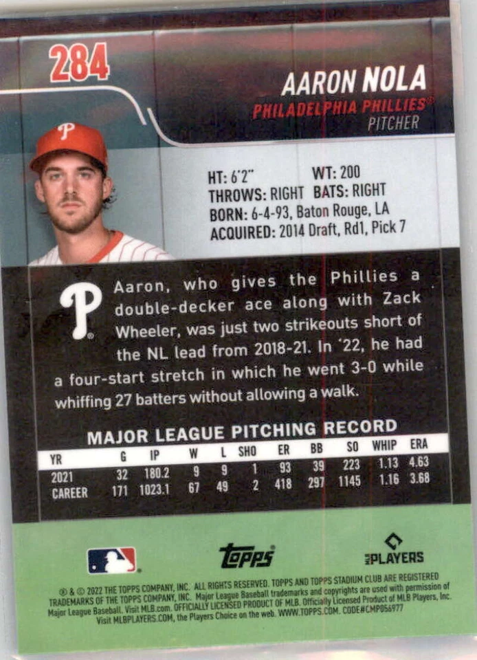 2022 Topps Stadium Club Chrome #284 Aaron Nola  Philadelphia Phillies Baseball  - Image 2 of 2