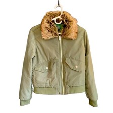 Wild Fable Coat Women Medium Zip Faux Fur Ruff Hooded Green Bomber Jacket EUC