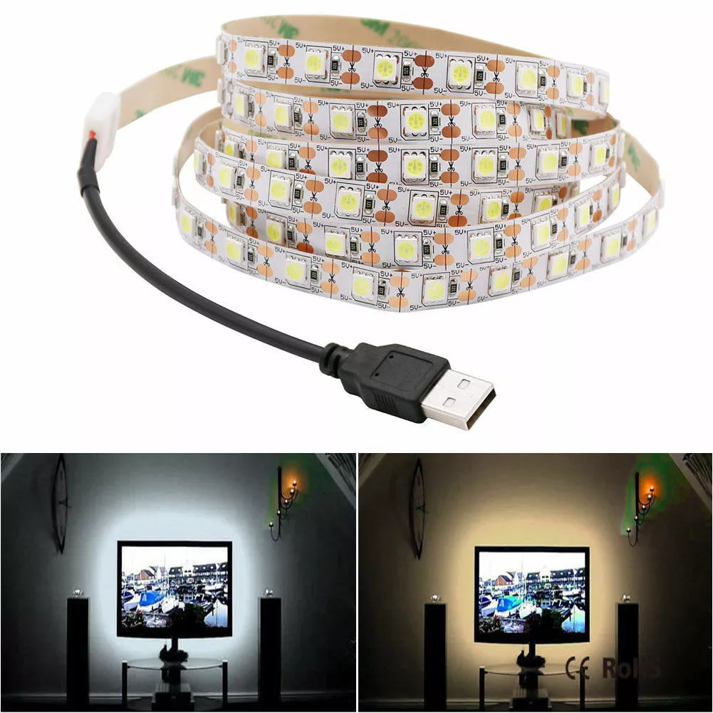 5V USB LED Strip Light White TV Backlight Lamp Self Adhesive Flexible Tape  Wire