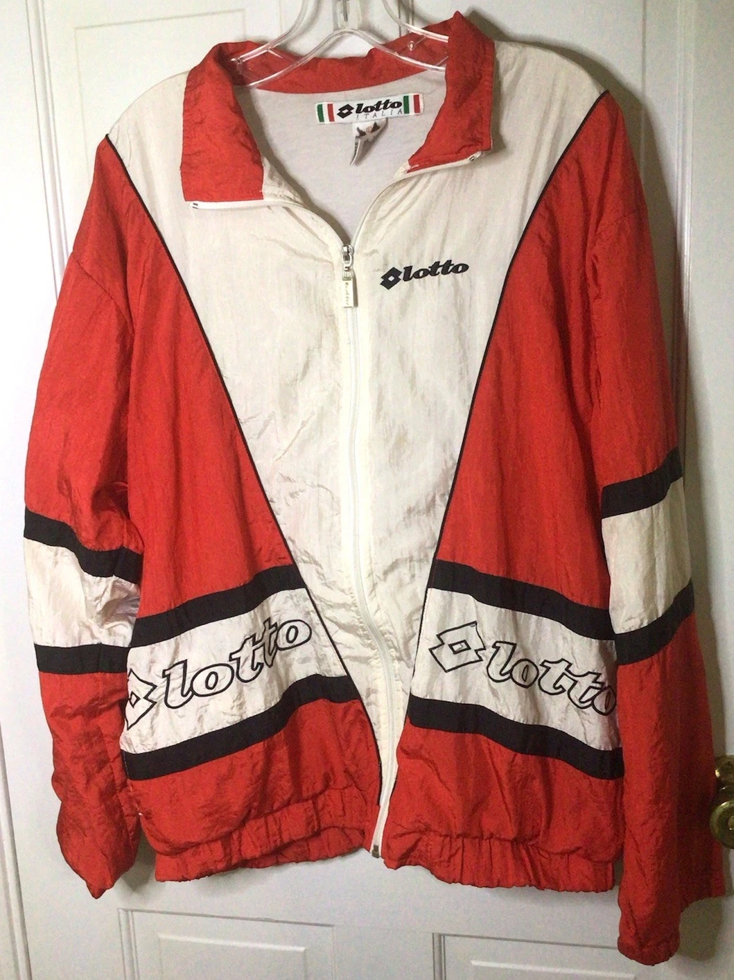 OFF WHITE Lotto Italia Giacca a Vento Uomo Taglia Large Rosso Nero Off White Full Zip Vintage