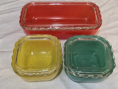 Vintage Jeanette Refrigerator Dishes~ Yellow Green Red Glass w/Ripple Edge Lids