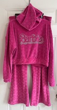 Barbie Velour Hoodie Pants Set Pink Girls 14-16 XL Wide Leg Embossed Logo