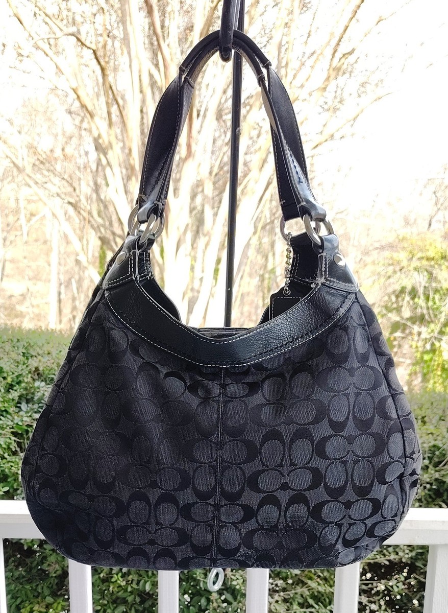 COACH F15083 LARGE VINTAGE LYNN SOHO BLACK SIGNATURE C CANVAS HOBO